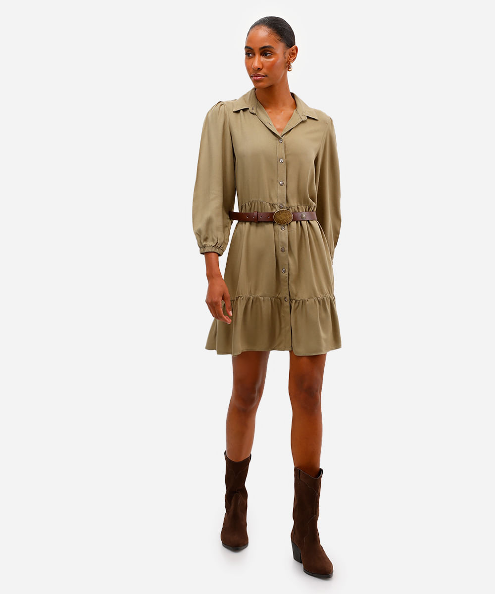 vestido chemise midi de viscose manga bufante verde