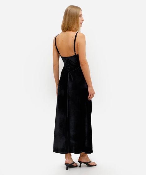 vestido longo feminino de veludo franzido preto