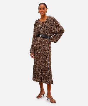 vestido midi feminino plissado animal print com cinto bege