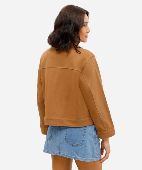 jaqueta básica feminina com bolsos texturizada marrom