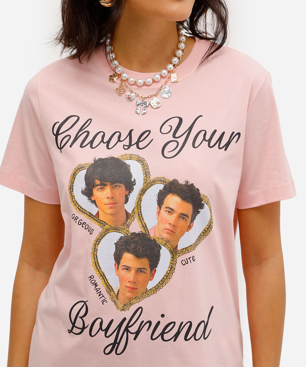 camiseta feminina de algodão jonas brothers rosa