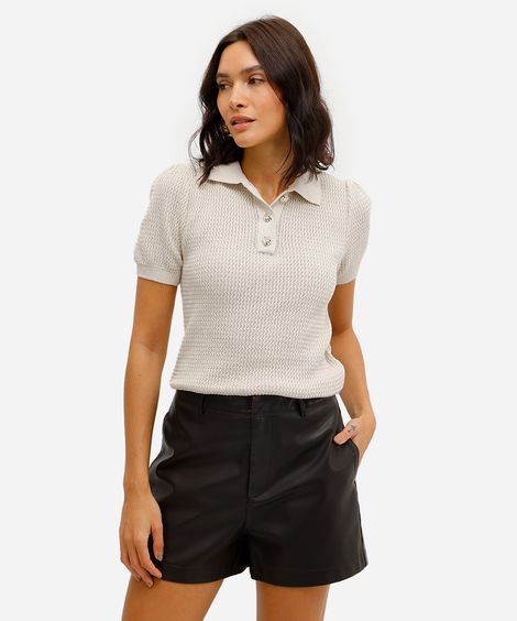 polo feminina de tricot manga bufante bege
