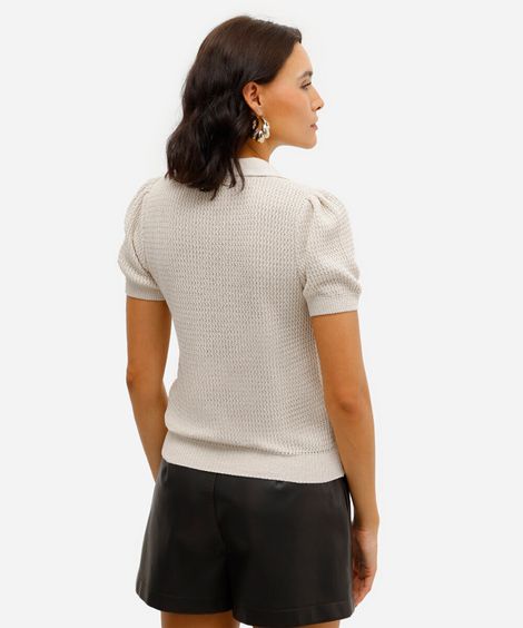 polo feminina de tricot manga bufante bege