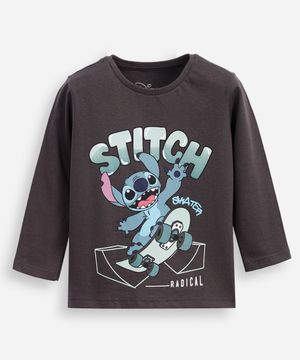 camiseta infantil manga longa stitch cinza