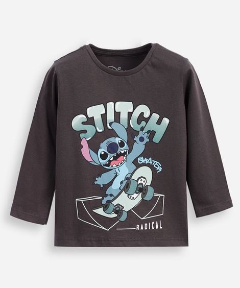 camiseta infantil manga longa stitch cinza