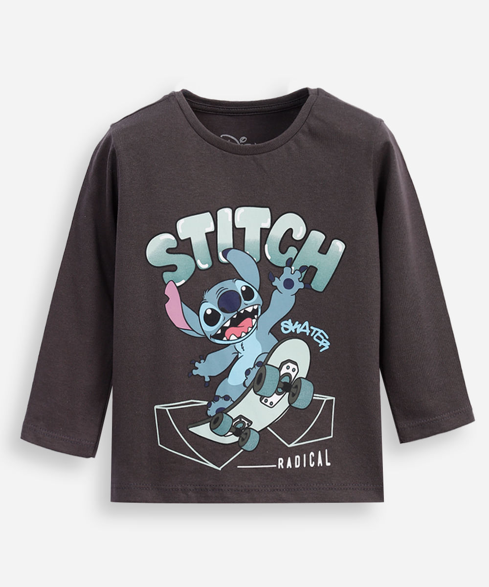 camiseta infantil manga longa stitch cinza
