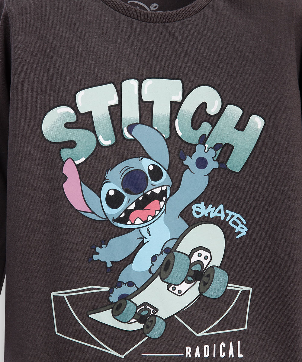 camiseta infantil manga longa stitch cinza