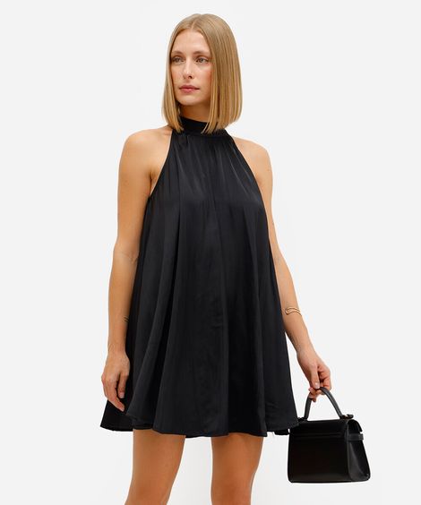 vestido curto feminino acetinado halterneck preto