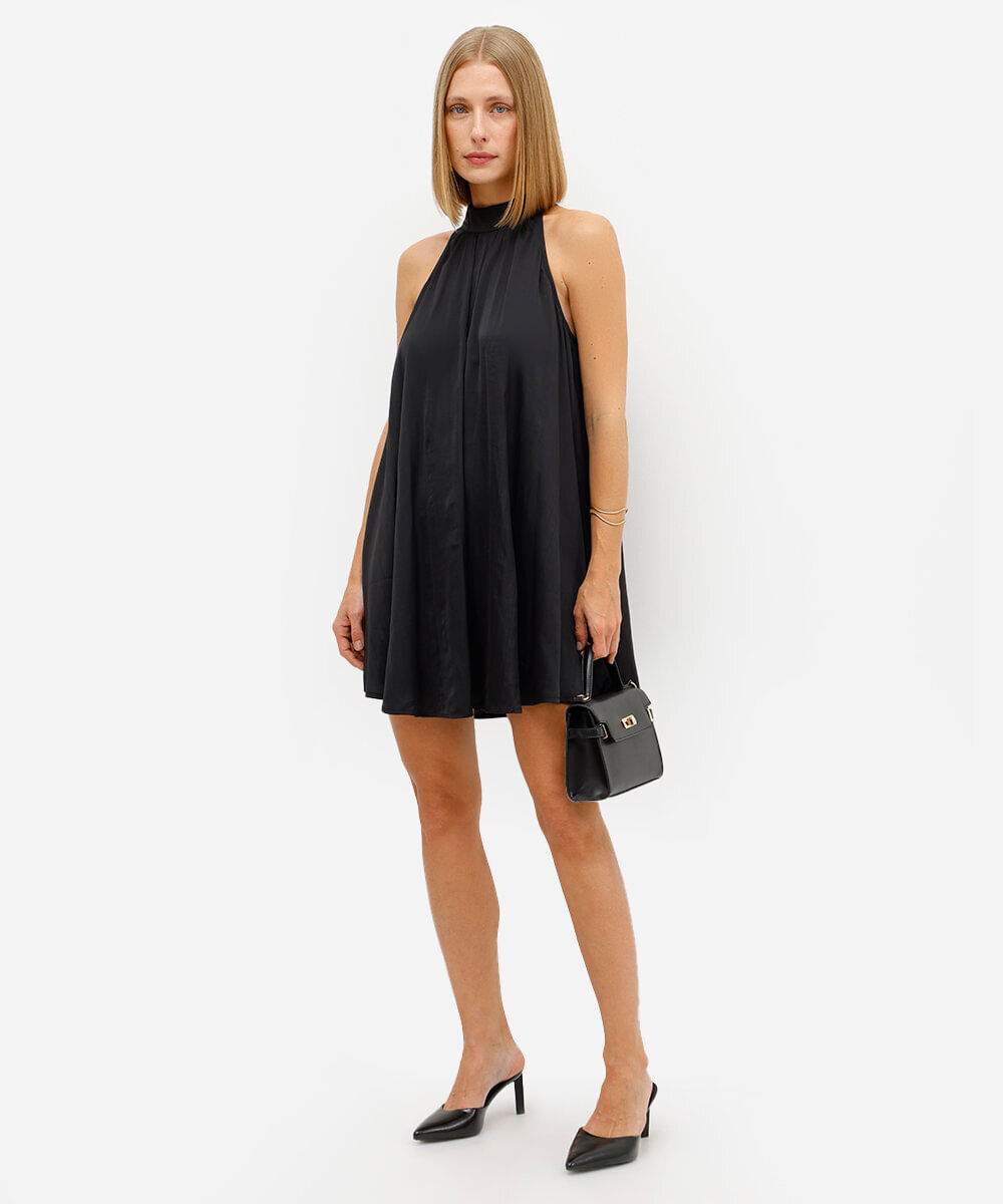vestido curto feminino acetinado halterneck preto