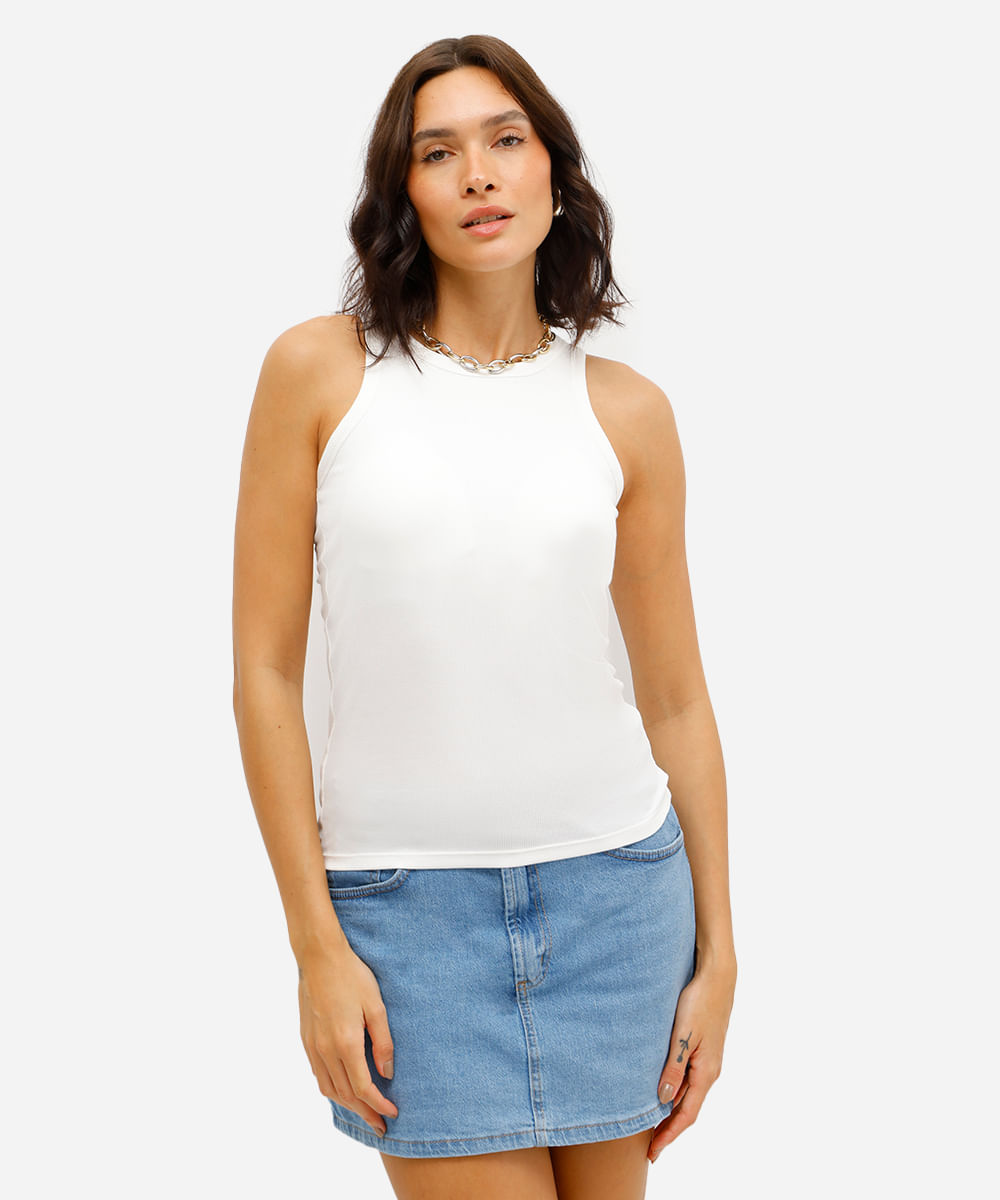 regata básica feminina de algodão com bojo canelada off white