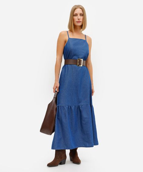 vestido longo feminino jeans alça fina azul