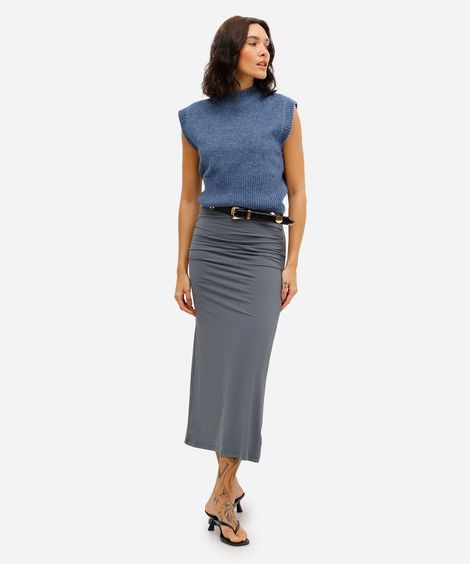 saia midi feminina básica de poliamida franzida cinza