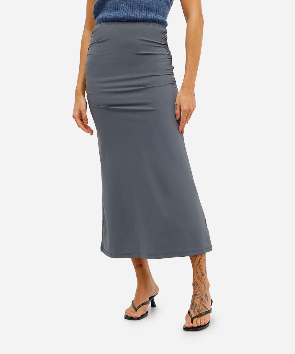 saia midi feminina básica de poliamida franzida cinza