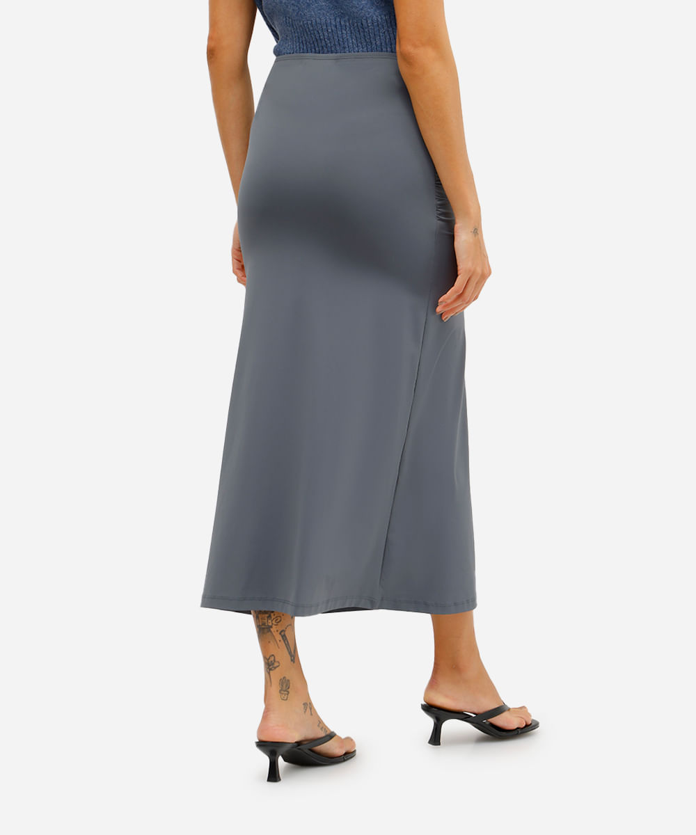 saia midi feminina básica de poliamida franzida cinza