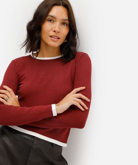 blusa básica feminina de tricot manga longa vinho
