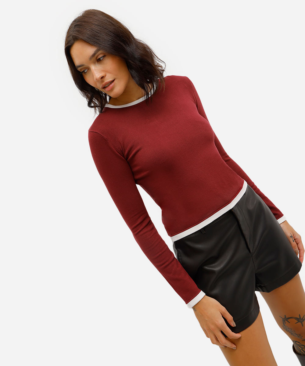 blusa básica feminina de tricot manga longa vinho