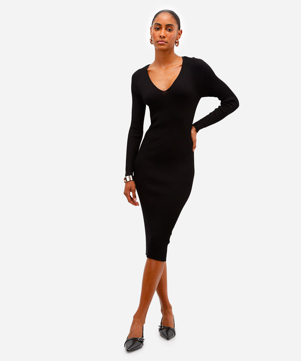 vestido midi feminino de tricot canelado preto