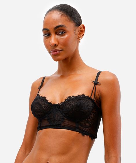 sutiã cropped meia taça de tule com renda preto