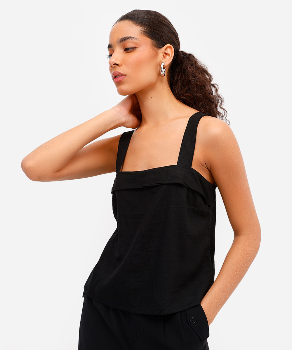 blusa feminina com linho decote quadrado preta