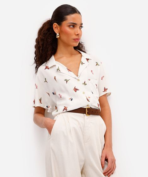 camisa feminina de viscose pássaros bege