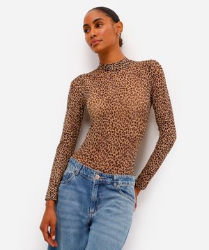 body feminino de tule gola alta animal print bege