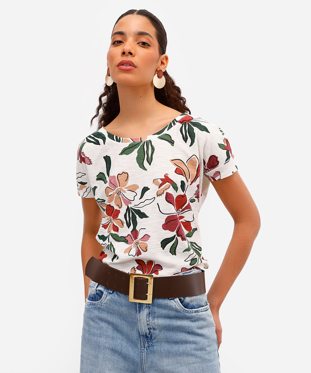 blusa feminina de algodão manga curta floral off white