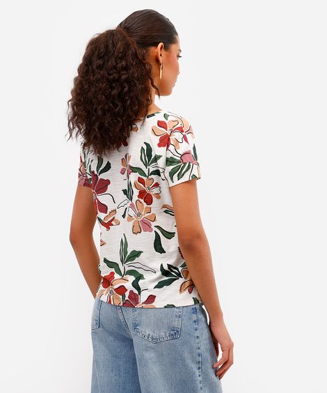 blusa feminina de algodão manga curta floral off white