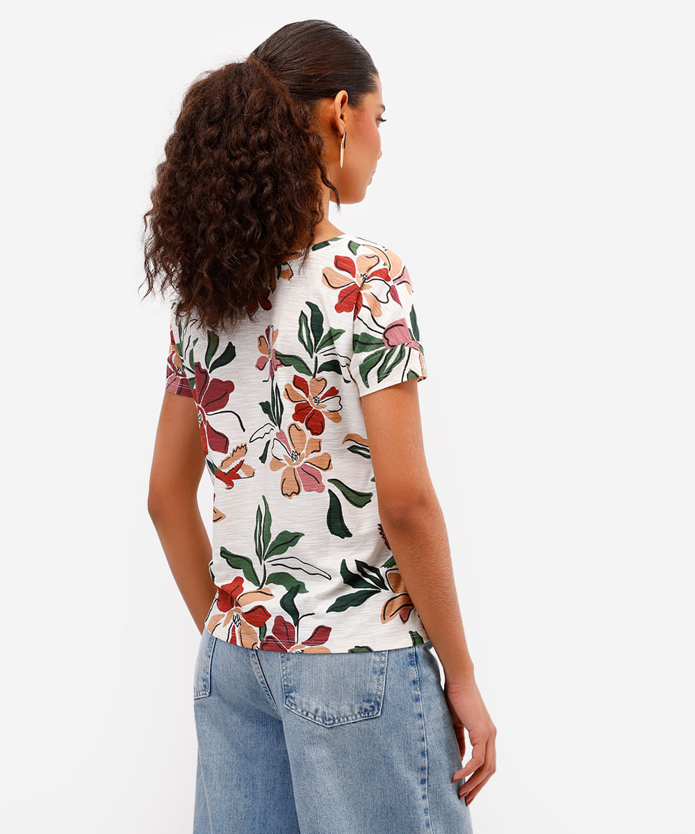 blusa feminina de algodão manga curta floral off white