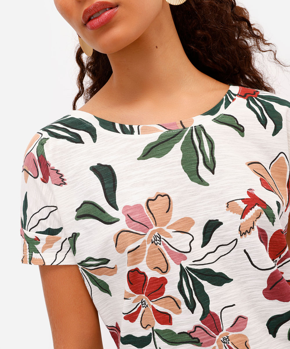 blusa feminina de algodão manga curta floral off white