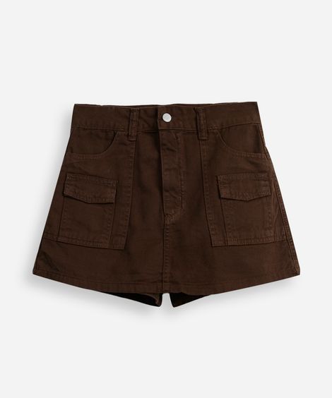short saia juvenil de sarja cargo marrom
