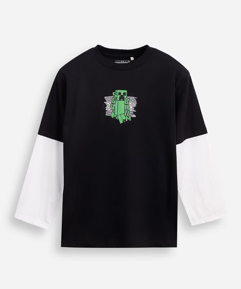 camiseta juvenil sobreposição minecraft  preto