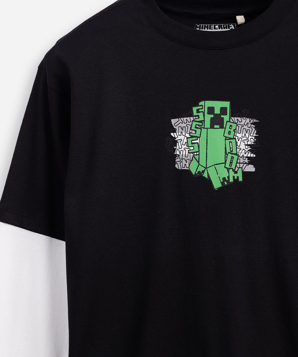 camiseta juvenil sobreposição minecraft  preto
