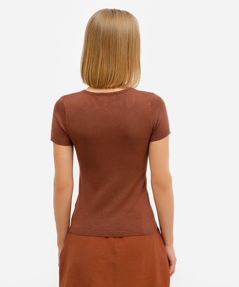 blusa baby look feminina de tricot com botões marrom