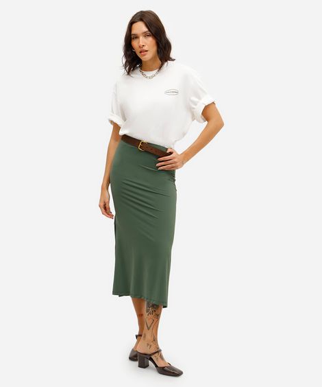 saia midi feminina básica de poliamida franzida verde