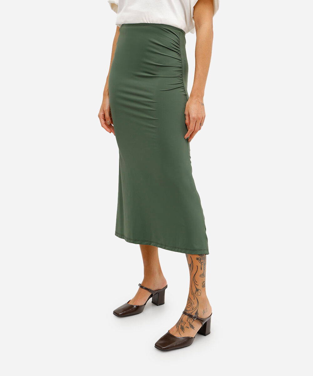 saia midi feminina básica de poliamida franzida verde