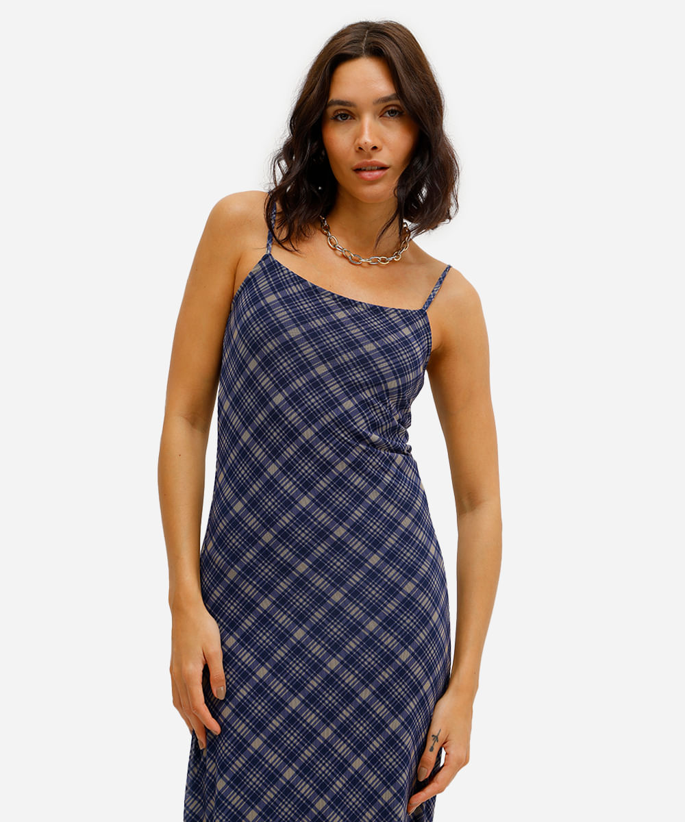 vestido midi feminino alça fina de tule xadrez azul