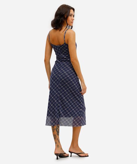 vestido midi feminino alça fina de tule xadrez azul