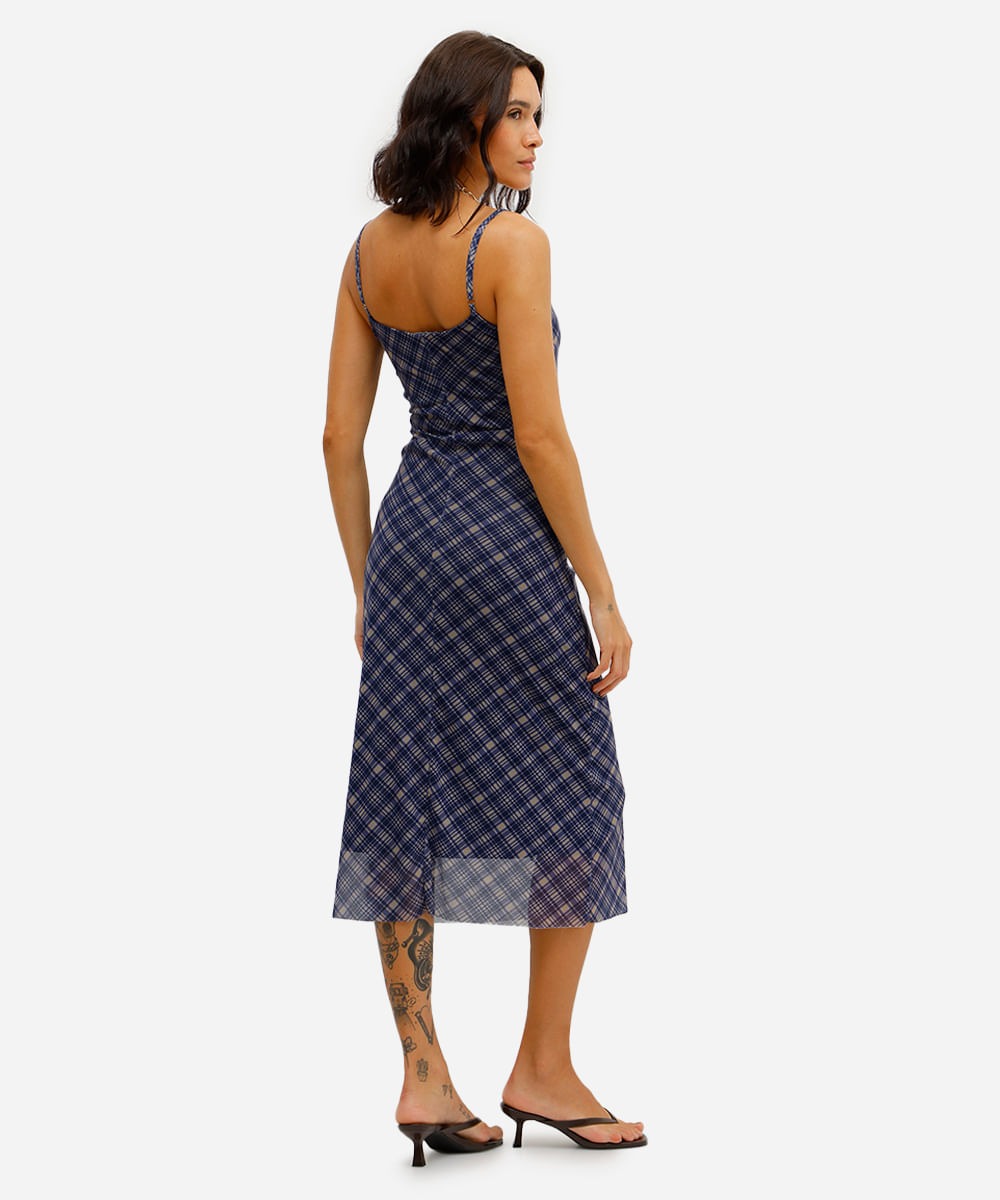 vestido midi feminino alça fina de tule xadrez azul