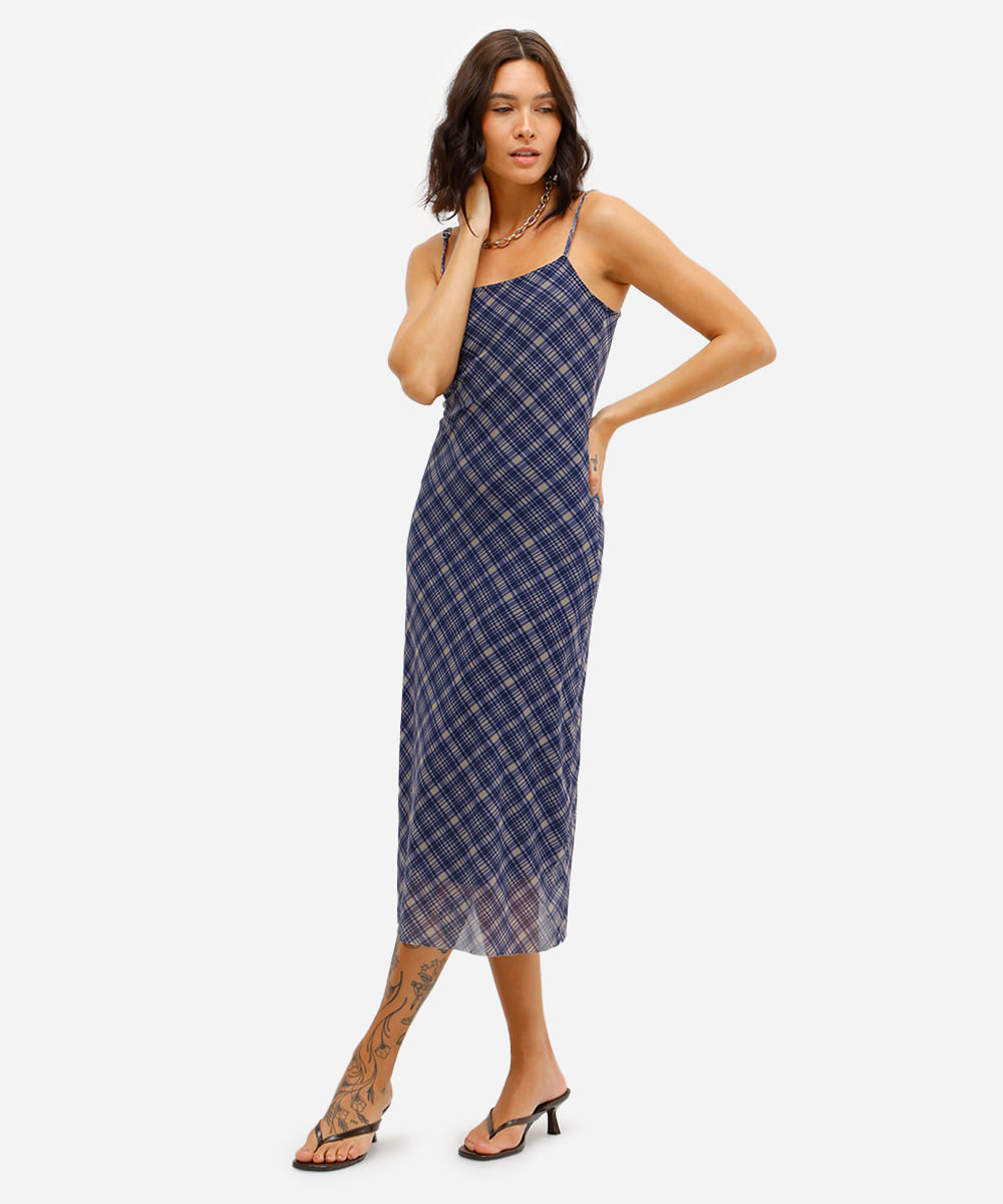 vestido midi feminino alça fina de tule xadrez azul