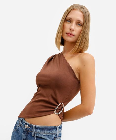 blusa ombro único feminina assimétrica marrom