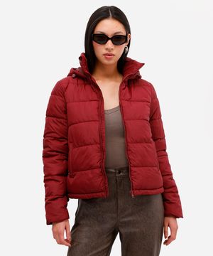 jaqueta alongada puffer com capuz - vinho