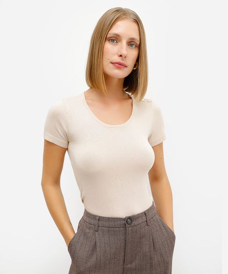 blusa baby look feminina de tricot com botões bege