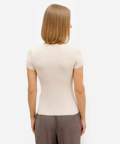 blusa baby look feminina de tricot com botões bege