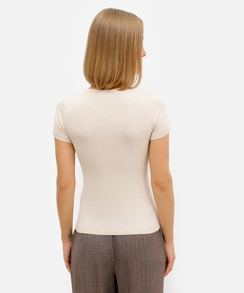 blusa baby look feminina de tricot com botões bege