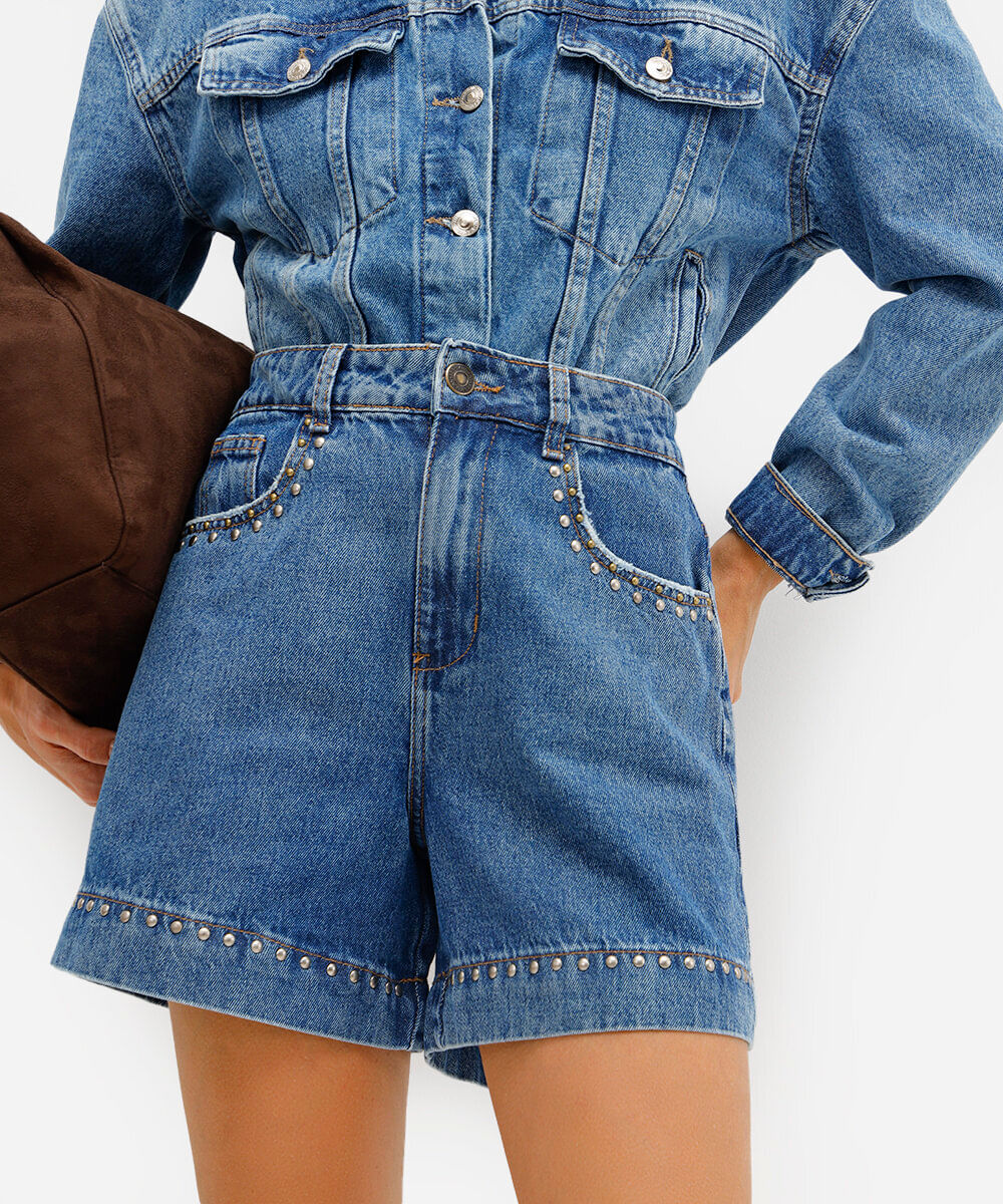 bermuda mom feminina jeans com tachas azul