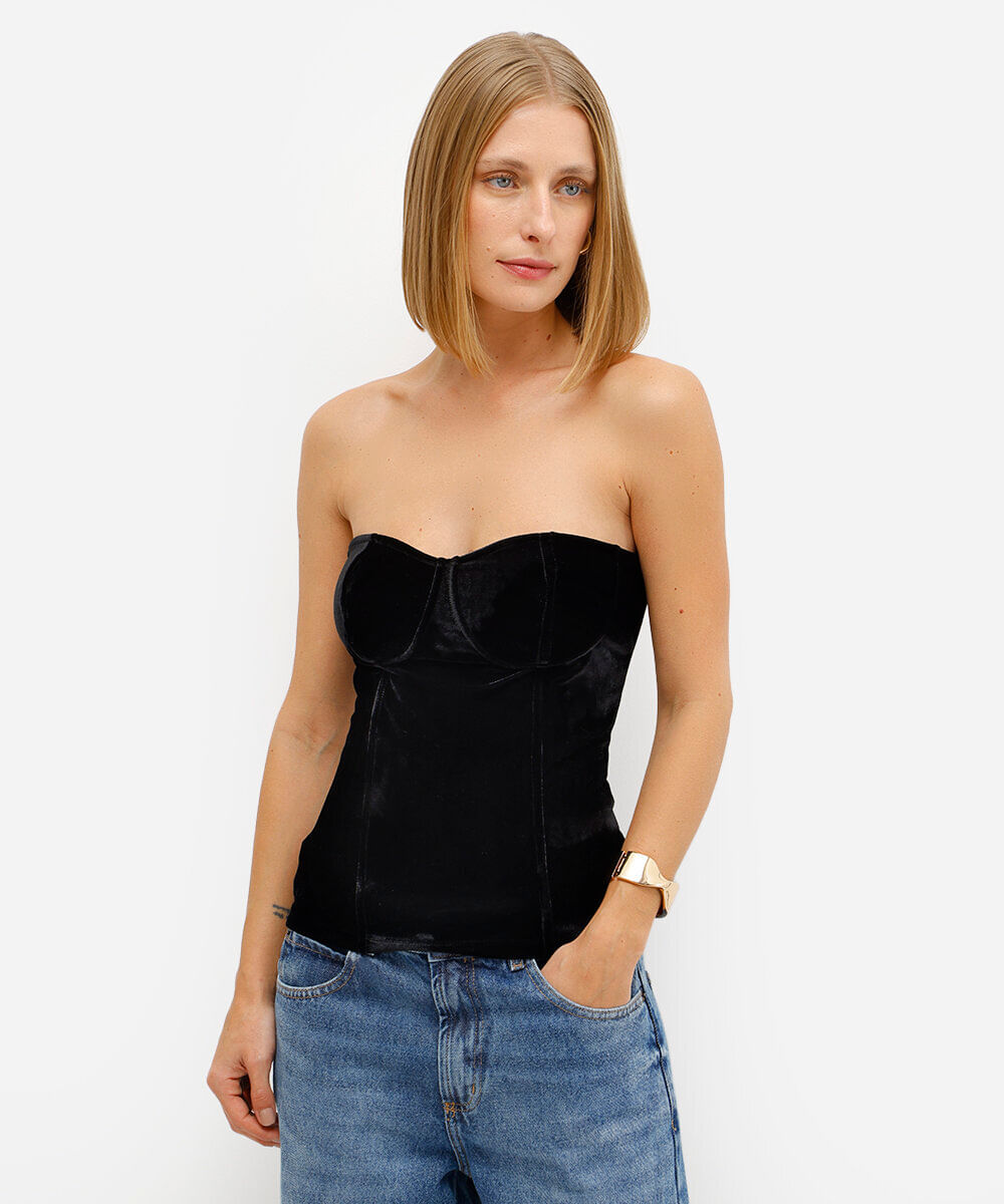 blusa feminina sem alça de veludo preta