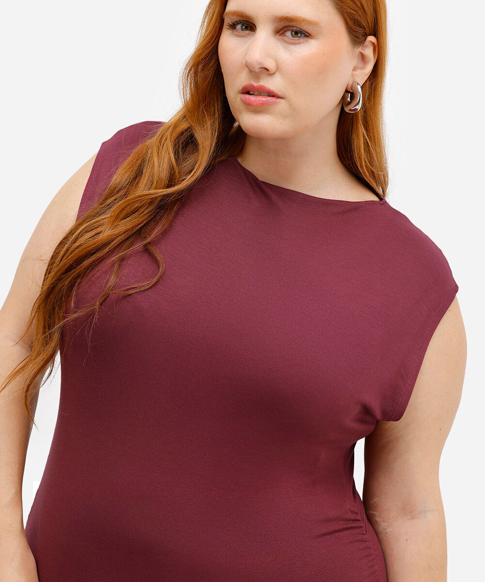 vestido feminino midi de viscose manga japonesa plus size vinho