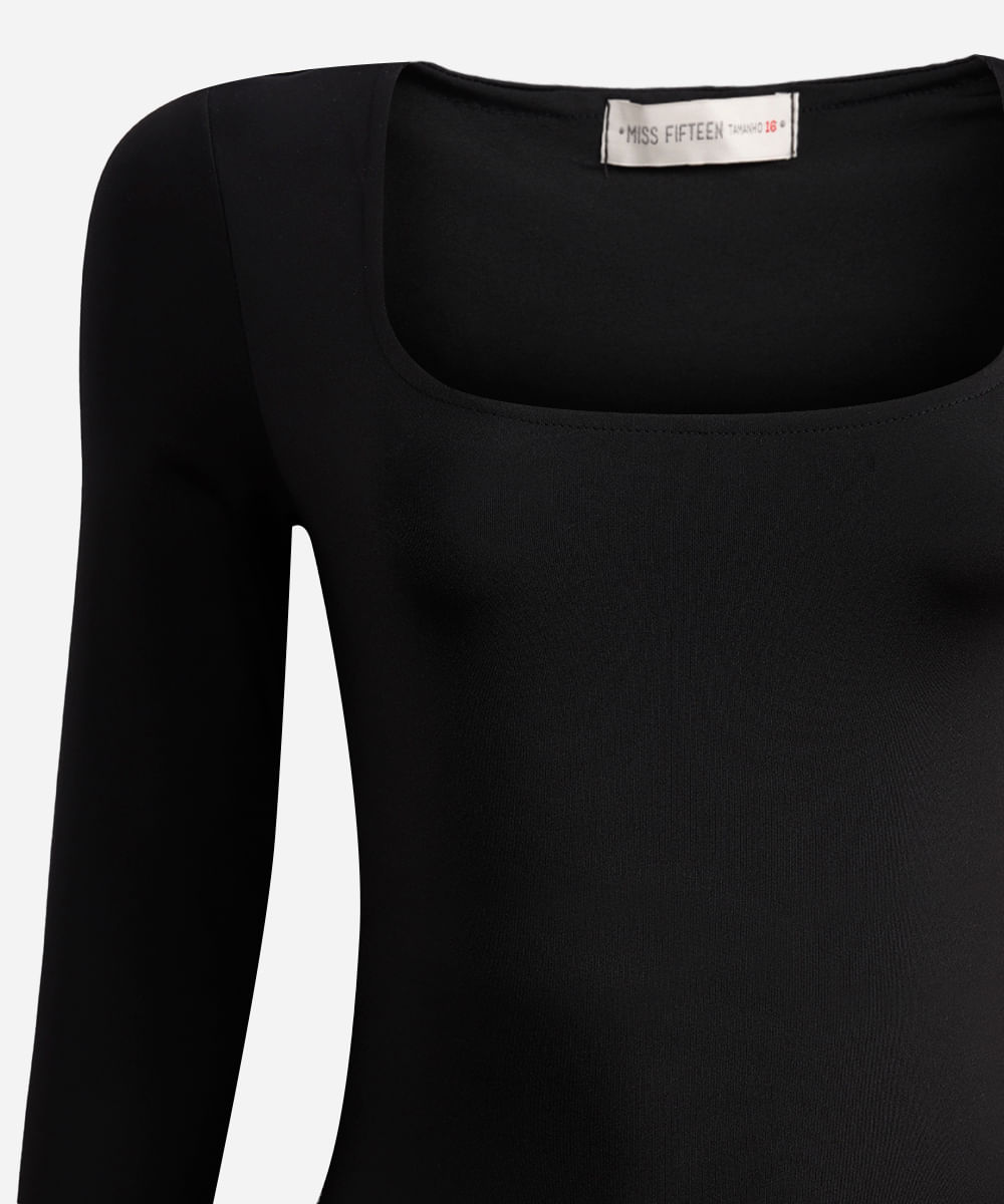 body juvenil manga longa decote quadrado preto