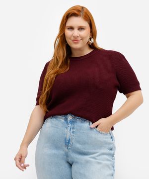 blusa feminina de tricot manga bufante texturizada plus size vinho