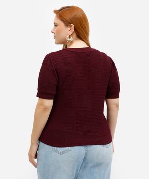 blusa feminina de tricot manga bufante texturizada plus size vinho